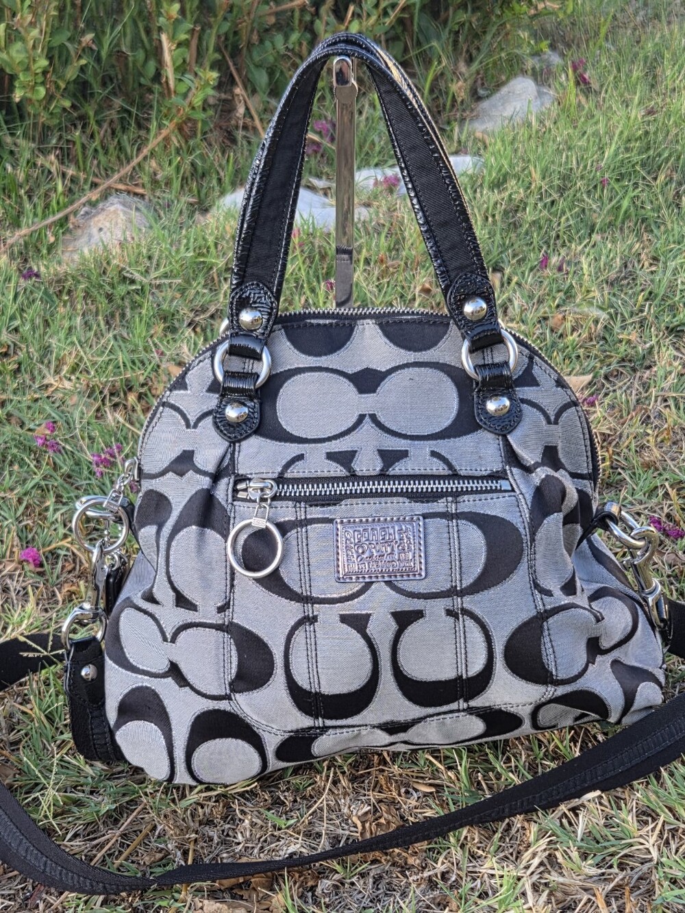 Coach POPPY- Y2K- Signature Satchel/Crossbody Bag-  Grey & Black-Purple Interior